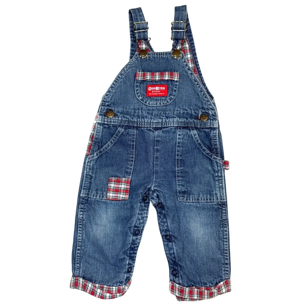 Vintage OshKosh Bgosh Plaid Lined Overalls 6/9M Denim Vestbak USA Made 80s 90s